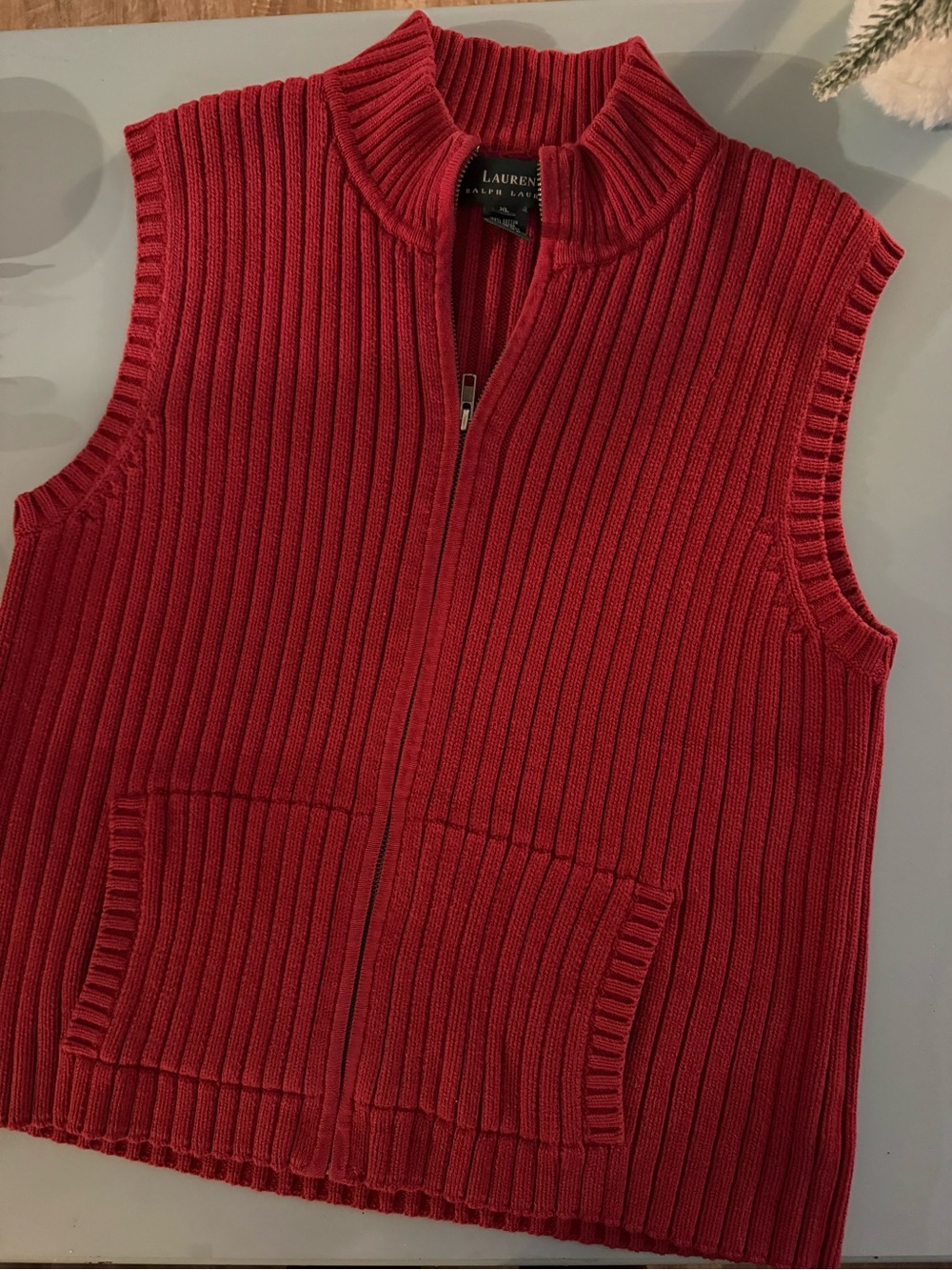 Lauren Ralph Lauren Y2K Women’s Red Ribbed Zip-Front Sweater Size XL